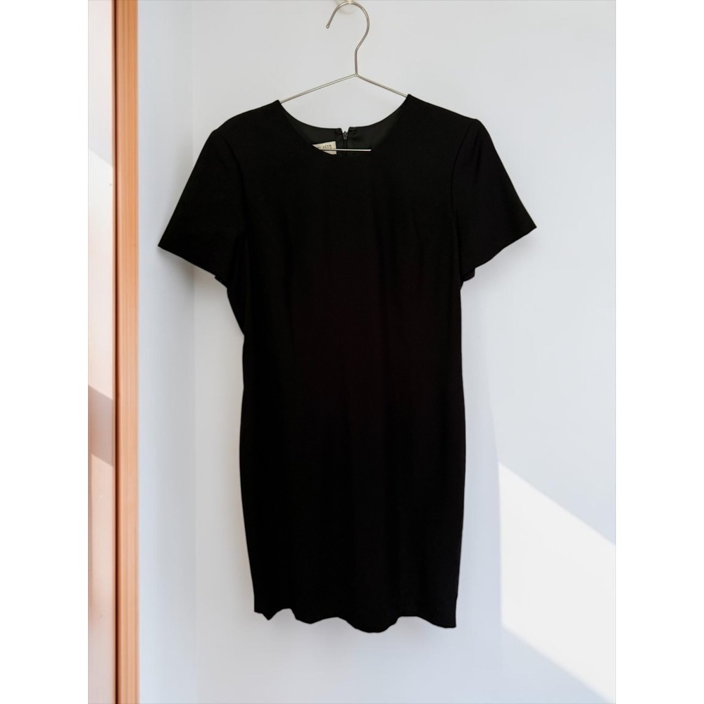 Vintage Albert Reed Black Worsted Wool Shift Dress Short Sleeve Made in USA 12